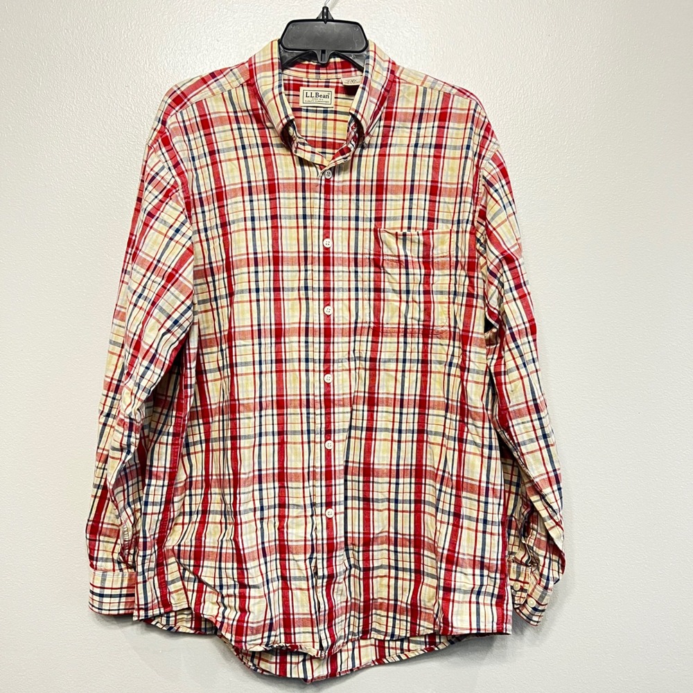 LL Bean Mens Plaid Button Down Shirt Red Navy Yellow Cotton M-REG Casual VTG